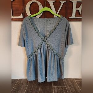 Elegant Green V-Neck Women's Top - Empire Waist Top - Eyelet Lace Top XL